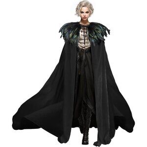 Women Classic Witch Costume and Natural Feather Cape Halloween Witchy Cloak